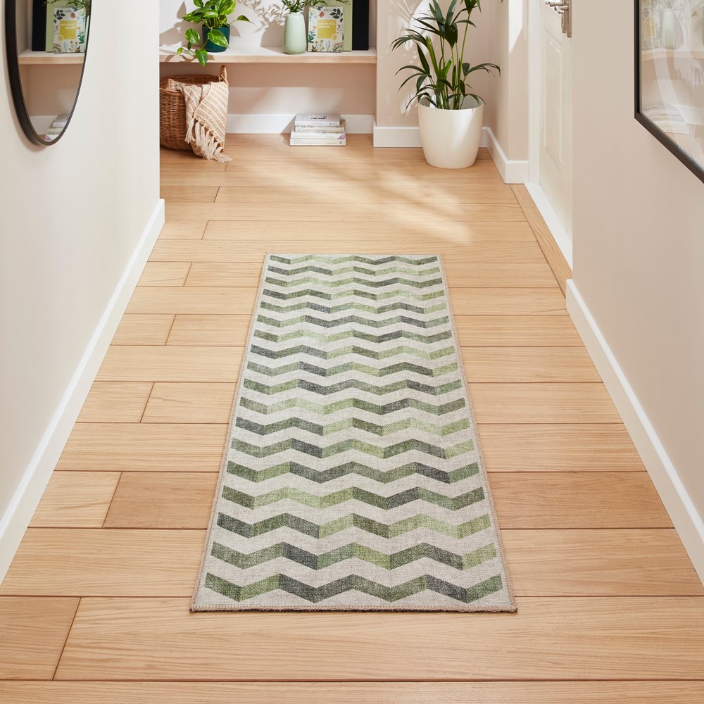 Coral H1059 Modern Washable Chevron Runner Rugs in Green